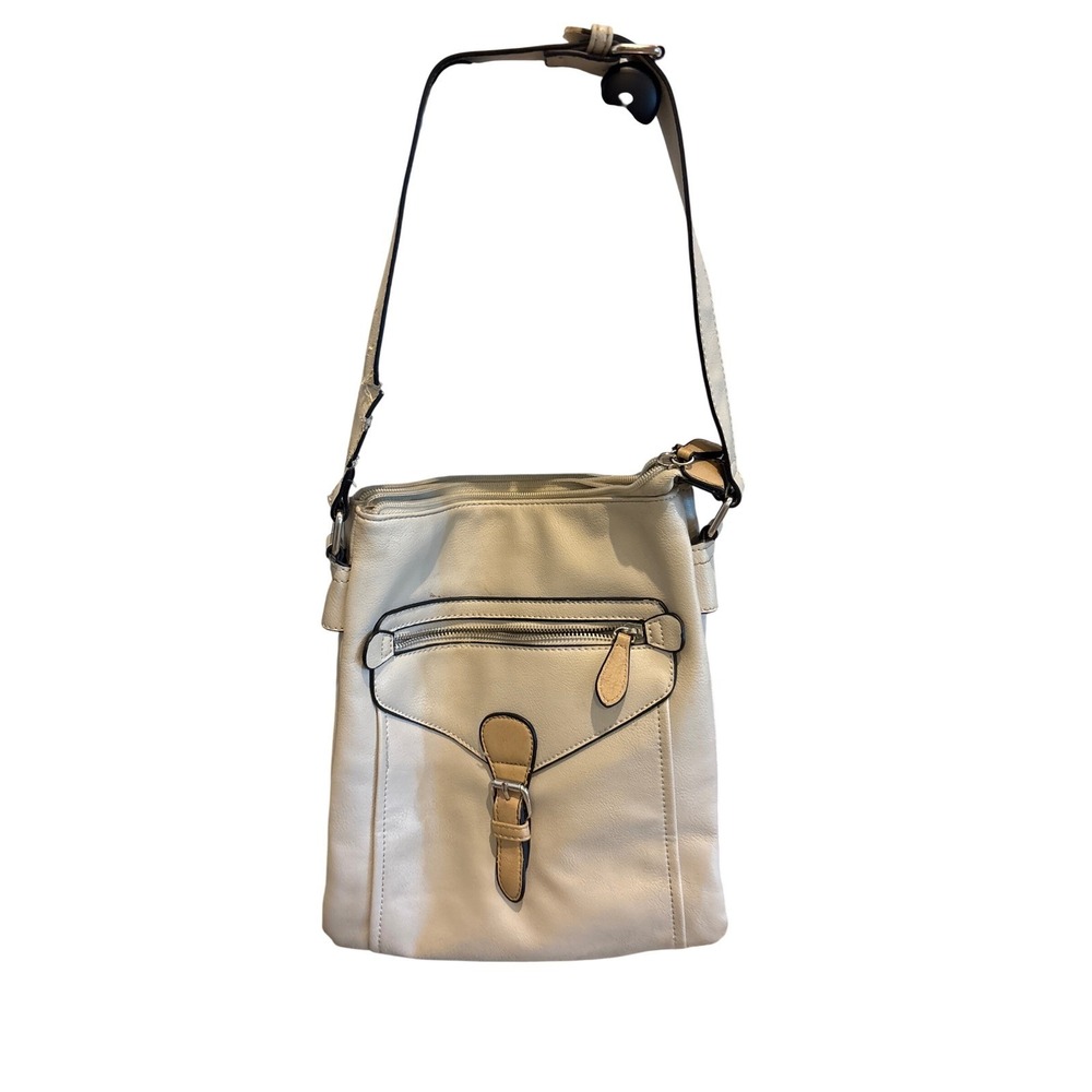 Charming Charlie Cream Faux Leather Crossbody Bag Tan Trim Adjustable Strap